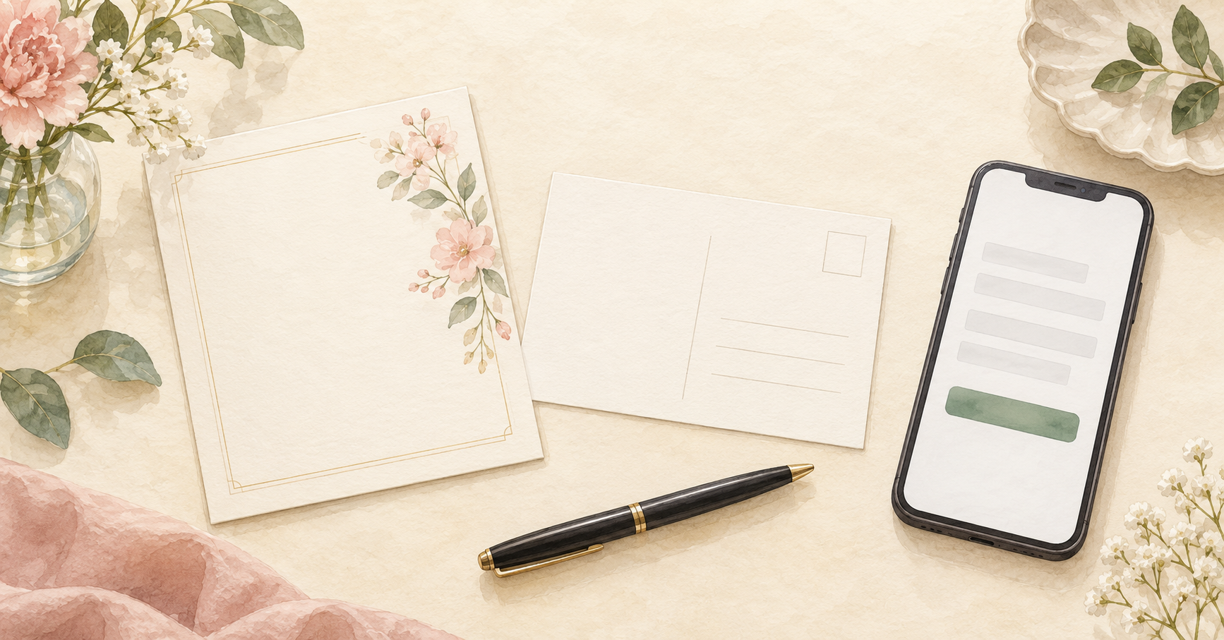 花柄の招待状と返信はがき、黒いペン、入力フォームを描いたスマートフォンの水彩イラスト